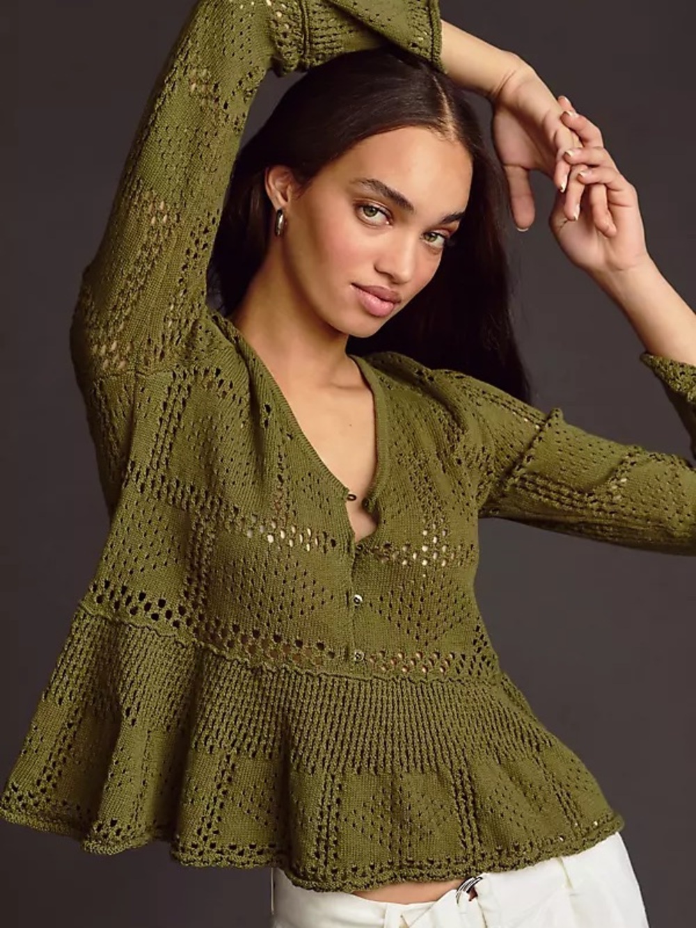 PILCRO Anthropologie Pointelle Babydoll Sweater Cotton Crochet Army Olive Green
